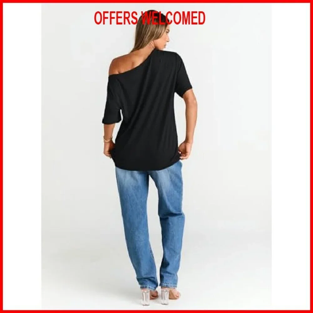 Oversized Off Shoulder Short Sleeve Tee, Soft Polyester Blend, Loose Fit - Picture 6 of 6